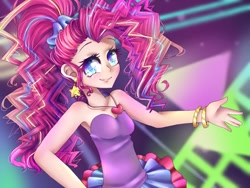 Size: 1024x768 | Tagged: safe, artist:iponylover, pinkie pie, equestria girls, friendship through the ages, armpits, bare shoulders, clothes, cute, dress, humanized, new wave pinkie, sleeveless, solo, strapless