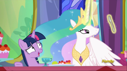 Size: 2527x1425 | Tagged: safe, screencap, princess celestia, twilight sparkle, twilight sparkle (alicorn), alicorn, pony, no second prances, discovery family logo, female, fork, magic, mare, silverware, strawberry pick, telekinesis, twilight's castle