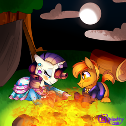 Size: 1280x1280 | Tagged: safe, artist:melentity, button mash, rarity, pony, unicorn, blushing, camping, crack shipping, male, moon, night, rarimash, shipping, straight