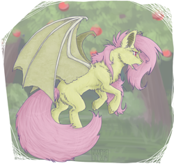 Size: 1100x1045 | Tagged: safe, artist:vampirelili, fluttershy, bat pony, pony, apple tree, flutterbat, solo, tree