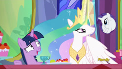 Size: 1280x722 | Tagged: safe, edit, edited screencap, screencap, princess celestia, rarity, twilight sparkle, twilight sparkle (alicorn), alicorn, pony, unicorn, no second prances, discovery family logo, female, mare, meme, nervous, rariball, twilight's castle