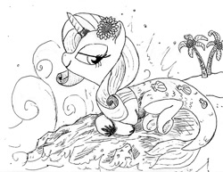 Size: 842x650 | Tagged: safe, artist:t72b, derpibooru exclusive, rarity, mermaid, beach, flower, flower in hair, horn ring, mermarity, monochrome, newbie artist training grounds, solo, traditional art, water, wave