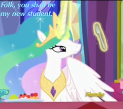 Size: 1290x1147 | Tagged: safe, screencap, princess celestia, alicorn, pony, no second prances, discovery family logo, fork, low quality, text