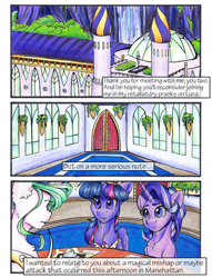 Size: 1950x2550 | Tagged: safe, artist:tillie-tmb, princess celestia, starlight glimmer, twilight sparkle, twilight sparkle (alicorn), alicorn, pony, comic:the amulet of shades, canterlot castle, traditional art