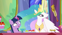 Size: 1277x720 | Tagged: safe, edit, edited screencap, screencap, princess celestia, twilight sparkle, twilight sparkle (alicorn), alicorn, pony, no second prances, discovery family logo, exploitable meme, female, mare, meme, scepter, twilight scepter, twilight scepter meme, twilight's castle