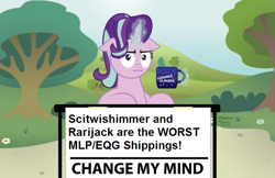 Size: 773x500 | Tagged: safe, starlight glimmer, pony, unicorn, bush, change my mind, female, floppy ears, flower, glowing horn, horn, implied lesbian, implied rarijack, implied scitwishimmer, implied shipping, levitation, magic, mare, meme, mug, multicolored mane, op has an opinion, op is a cuck, op is trying to start shit, pink coat, sign, signature, sitting, solo, table, telekinesis, text, tree