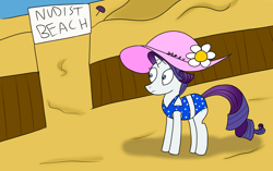 Size: 1720x1080 | Tagged: safe, artist:coolpurpledudette, rarity, pony, unicorn, beach, clothes, fence, hat, nude beach, nudist beach, solo, swimsuit, we don't normally wear clothes