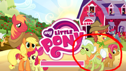 Size: 1136x640 | Tagged: safe, apple bloom, apple split, applejack, babs seed, big macintosh, granny smith, half baked apple, perfect pie, earth pony, pony, apple family member, apple pie (character), eyes on the prize, gameloft, loading screen, male, my little pony logo, stallion, sweet apple acres