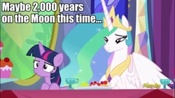 Size: 960x539 | Tagged: safe, edit, edited screencap, screencap, princess celestia, twilight sparkle, twilight sparkle (alicorn), alicorn, pony, no second prances, celestia is not amused, discovery family logo, image macro, inner thoughts, meme, scene interpretation, to the moon, unamused