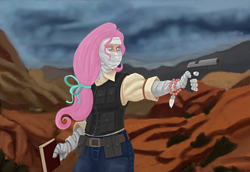 Size: 1024x705 | Tagged: safe, artist:madness-with-reason, fluttershy, human, bandage, book, burned, crossover, fallout, fallout: new vegas, gun, humanized, joshua graham, rabbit's foot