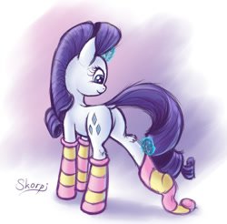 Size: 1499x1474 | Tagged: safe, artist:skorpionletun, rarity, pony, unicorn, clothes, dock, magic, plot, rearity, socks, solo, striped socks, telekinesis