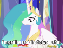 Size: 864x660 | Tagged: safe, edit, edited screencap, screencap, princess celestia, alicorn, pony, no second prances, discovery family logo, female, image macro, mare, meme, reaction image, tired of your shit, vulgar