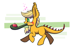 Size: 1100x750 | Tagged: safe, artist:heir-of-rick, derpibooru import, applejack, monster pony, original species, tatzlpony, daily apple pony, apple, food, heart, impossibly large ears, solo, species swap, tatzljack, tentacle tongue, tentacles, that pony sure does love apples