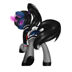 Size: 2000x2000 | Tagged: safe, artist:slimedrippy, oc, oc only, oc:procelle, pony, unicorn, clothes, female, french maid, garters, glowing eyes, glowing horn, headdress, maid, pink eyes, ponytail, profile, shoes, simple background, skirt, skirt lift, solo, stockings, thigh highs, transparent background, uniform, upskirt