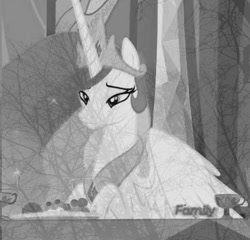 Size: 543x521 | Tagged: safe, edit, edited screencap, screencap, princess celestia, alicorn, pony, no second prances, celestia is not amused, discovery family logo, grayscale, monochrome