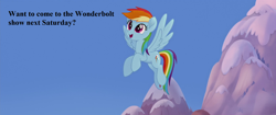 Size: 1920x804 | Tagged: safe, derpibooru import, edit, edited screencap, screencap, rainbow dash, pegasus, pony, my little pony: the movie, bronybait, cute, dashabetes, dialogue, implied wonderbolts, mountain, snow