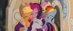 Size: 1920x804 | Tagged: safe, derpibooru import, screencap, applejack, fluttershy, pinkie pie, rainbow dash, rarity, spike, twilight sparkle, twilight sparkle (alicorn), alicorn, dragon, earth pony, pegasus, pony, unicorn, my little pony: the movie, eyes closed, female, group hug, hug, male, mane seven, mane six, mare