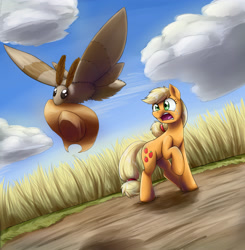 Size: 3559x3625 | Tagged: safe, artist:otakuap, applejack, oc, oc:fluffy the bringer of darkness, earth pony, insect, moth, pony, accessory theft, animal, applejack's hat, cowboy hat, female, flying, freckles, giant insect, giant moth, hat, high res, mare, open mouth