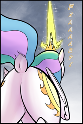 Size: 381x567 | Tagged: safe, artist:pencils, princess celestia, alicorn, pony, comic:anon's pie adventure, cropped, dock, female, magic, mare, plot, praise the sun, sun praising in the comments, sunbutt