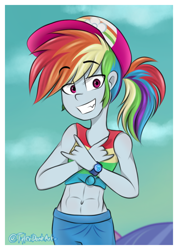 Size: 718x1007 | Tagged: safe, artist:tylerdashart, derpibooru import, rainbow dash, better together, equestria girls, spring breakdown, abs, belly button, clothes, female, hat, midriff, muscles, rainbuff dash, solo