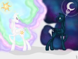 Size: 1024x768 | Tagged: safe, artist:angeldust123, princess celestia, princess luna, alicorn, pony, looking at each other, looking back, raised hoof, royal sisters