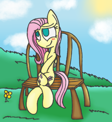 Size: 2048x2222 | Tagged: safe, artist:mr. rottson, fluttershy, pegasus, pony, bench, blushing, cloud, cloudy, cute, flower, sitting, solo