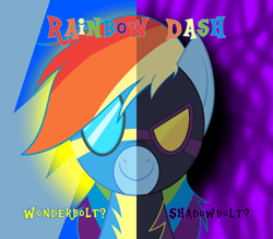 Size: 3200x2800 | Tagged: safe, artist:mofetafrombrooklyn, derpibooru import, rainbow dash, pegasus, pony, choice, clothes, costume, shadowbolt dash, shadowbolts, shadowbolts costume, solo, split screen, two sided posters, wonderbolts