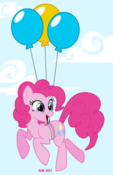 Size: 820x1262 | Tagged: safe, pinkie pie, earth pony, pony, balloon, female, mare, pink coat, pink mane, solo, then watch her balloons lift her up to the sky