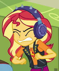 Size: 749x898 | Tagged: safe, screencap, sandalwood, sunset shimmer, better together, equestria girls, overpowered (equestria girls), cropped, geode of empathy, headphones, magical geodes, offscreen character