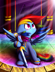 Size: 3250x4200 | Tagged: safe, artist:darksly, derpibooru import, rainbow dash, pegasus, pony, eye scar, female, looking up, mare, scar, smiling, solo, sword, weapon