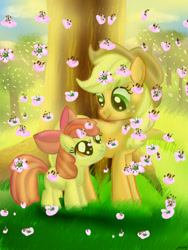 Size: 600x800 | Tagged: safe, artist:xxtheshatteredxx, apple bloom, applejack, earth pony, pony, blonde hair, female, filly, mare, orange coat, red mane, sisters