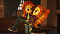 Size: 1920x1080 | Tagged: safe, artist:razethebeast, adagio dazzle, sunset shimmer, equestria girls, rainbow rocks, 3d, bridal carry, carrying, clothes, female, hoodie, lesbian, looking at each other, pants, shipping, smiling, source filmmaker, sunsagio