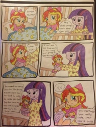 Size: 2448x3264 | Tagged: safe, artist:crystal2riolu, sunset shimmer, twilight sparkle, equestria girls, age regression, baby, babyset shimmer, comic, crib, cute, diaper, shimmerbetes, traditional art