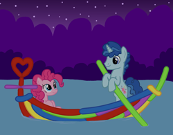 Size: 2890x2255 | Tagged: safe, artist:tineid, party favor, pinkie pie, earth pony, pony, the cutie map, balloon, boat, cute, female, gondola, heart, male, partypie, pond, shipping, stars, straight