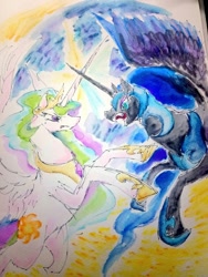 Size: 768x1024 | Tagged: safe, artist:bunmaru, nightmare moon, princess celestia, alicorn, pony, crown, female, horn, jewelry, mare, regalia, siblings, sisters, traditional art