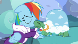 Size: 1280x720 | Tagged: safe, derpibooru import, screencap, rainbow dash, tank, pegasus, pony, tanks for the memories, bathrobe, bed, clothes, crying, rainbow dash slippers, robe, sad