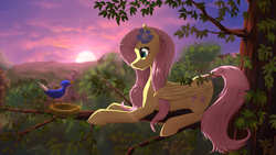 Size: 2500x1406 | Tagged: safe, artist:twotail813, fluttershy, bird, pegasus, pony, rcf community, solo, sunset