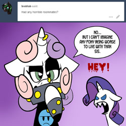 Size: 576x576 | Tagged: safe, artist:pembroke, rarity, sweetie belle, pony, unicorn, dialogue, meanie belle, pitfall rarity