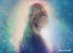 Size: 1080x782 | Tagged: safe, artist:nicohoshi, derpibooru import, rainbow dash, human, clothes, crying, female, humanized, sad, signature, solo