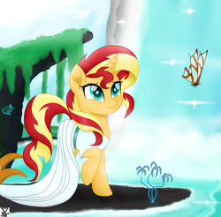 Size: 5600x5500 | Tagged: safe, artist:theretroart88, sunset shimmer, butterfly, pony, unicorn, absurd resolution, clothes, female, mare, raised hoof, smiling, solo, water