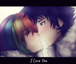Size: 1888x1600 | Tagged: safe, artist:nicohoshi, derpibooru import, rainbow dash, soarin', human, anime, blushing, clothes, female, humanized, i love you, looking at each other, male, shipping, soarindash, straight