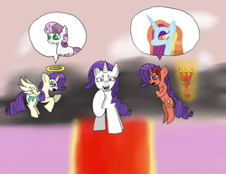 Size: 3300x2550 | Tagged: safe, artist:huffy26, rarity, sassy saddles, sweetie belle, pony, unicorn, angel rarity, devil rarity