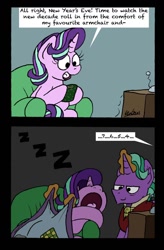 Size: 1024x1564 | Tagged: safe, artist:bobthedalek, firelight, starlight glimmer, pony, unicorn, blanket, comic, cute, dialogue, duo, father and child, father and daughter, fathers gonna father, female, firebetes, glimmerbetes, male, new year, new years eve, offscreen character, onomatopoeia, parent and child, sleeping, snoring, sound effects, speech bubble, volumetric mouth, zzz