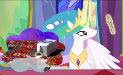 Size: 617x378 | Tagged: safe, princess celestia, alicorn, pony, no second prances, exploitable meme, forklestia, meme, spilled milk, spongebob squarepants, the inner machinations of my mind are an enigma, the secret box