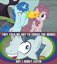 Size: 960x1080 | Tagged: safe, screencap, party favor, pinkie pie, earth pony, pony, the cutie map, balloon vision, crossing the memes, equal cutie mark, exploitable meme, i didn't listen, image macro, meme, self ponidox