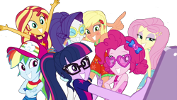 Size: 2048x1152 | Tagged: safe, edit, edited screencap, editor:php77, screencap, applejack, fluttershy, pinkie pie, rainbow dash, rarity, sci-twi, sunset shimmer, twilight sparkle, better together, equestria girls, i'm on a yacht, background removed, bad edit, cellphone, geode of fauna, geode of sugar bombs, geode of super speed, geode of super strength, humane five, humane seven, humane six, magical geodes, not a vector, phone, pose, simple background, sleeveless, smartphone, transparent background