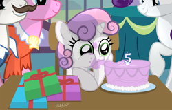 Size: 3062x1960 | Tagged: safe, artist:shutterflyeqd, cookie crumbles, hondo flanks, rarity, sweetie belle, pony, unicorn, 5-year-old, 5-year-old sweetie belle, birthday, birthday cake, cake, clothes, cookieflanks, cute, dessert, diasweetes, eating, family, female, filly, food, grin, hoof hold, mare, messy eating, plate, present, puffy cheeks, raised hoof, rarity's parents, smiling, stuffing