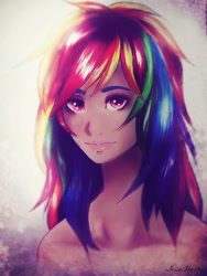 Size: 720x960 | Tagged: safe, artist:nicohoshi, derpibooru import, rainbow dash, human, bust, female, humanized, looking at you, solo