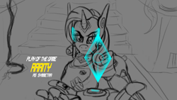 Size: 1920x1080 | Tagged: safe, artist:reactorguardian, rarity, anthro, crossover, diamond, hologram, overwatch, play of the game, sketch, symmetra