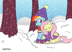 Size: 1000x733 | Tagged: safe, artist:empyu, derpibooru import, fluttershy, rainbow dash, pegasus, pony, tanks for the memories, clothes, cuddling, hat, sad, snow, snowfall, snuggling, sweater